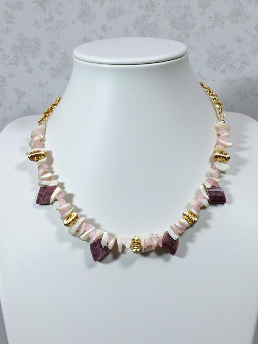 Artisan Made Purple Tourmaline, Rose Quartz And Shell Choker Necklace